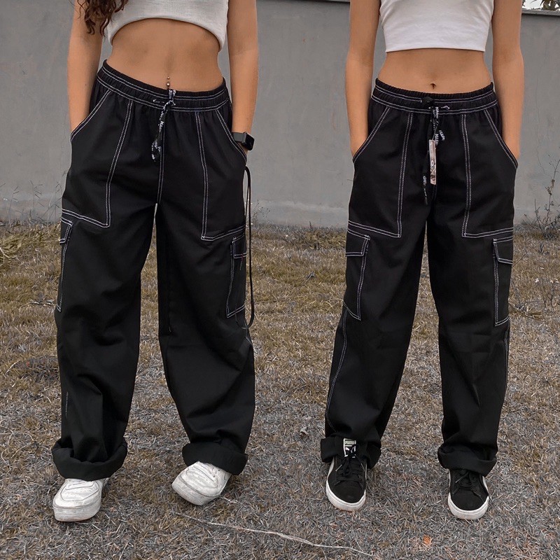 Calça cargo preta costura branca, calça branca costura preta, verde