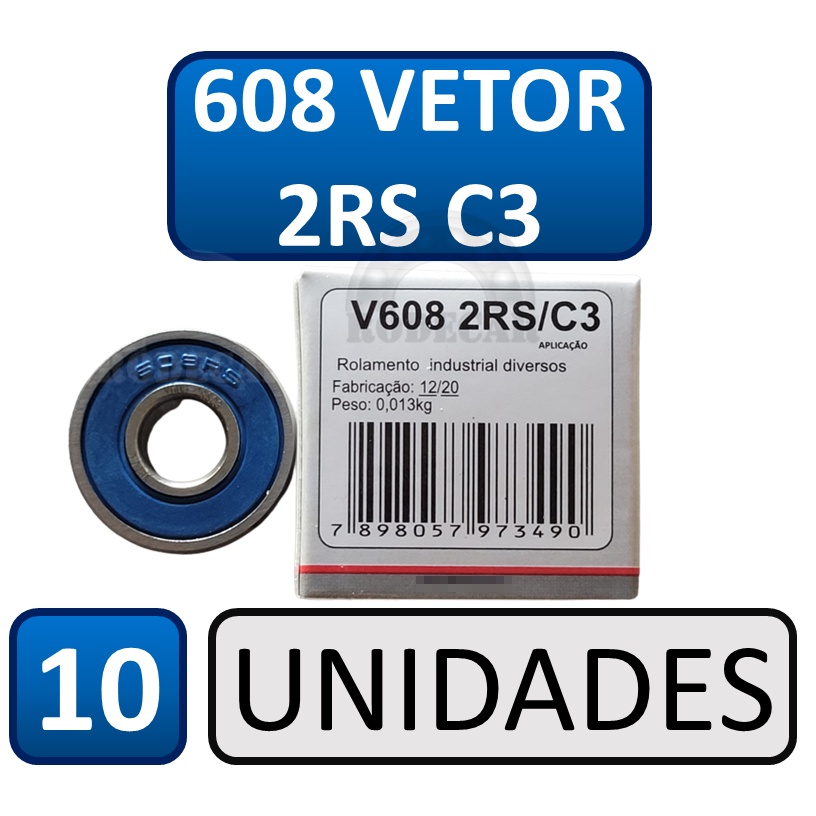 Kit com 10 rolamentos 608 VETOR 2RS C3 - 8x22x7(mm) em Oferta na Shopee
