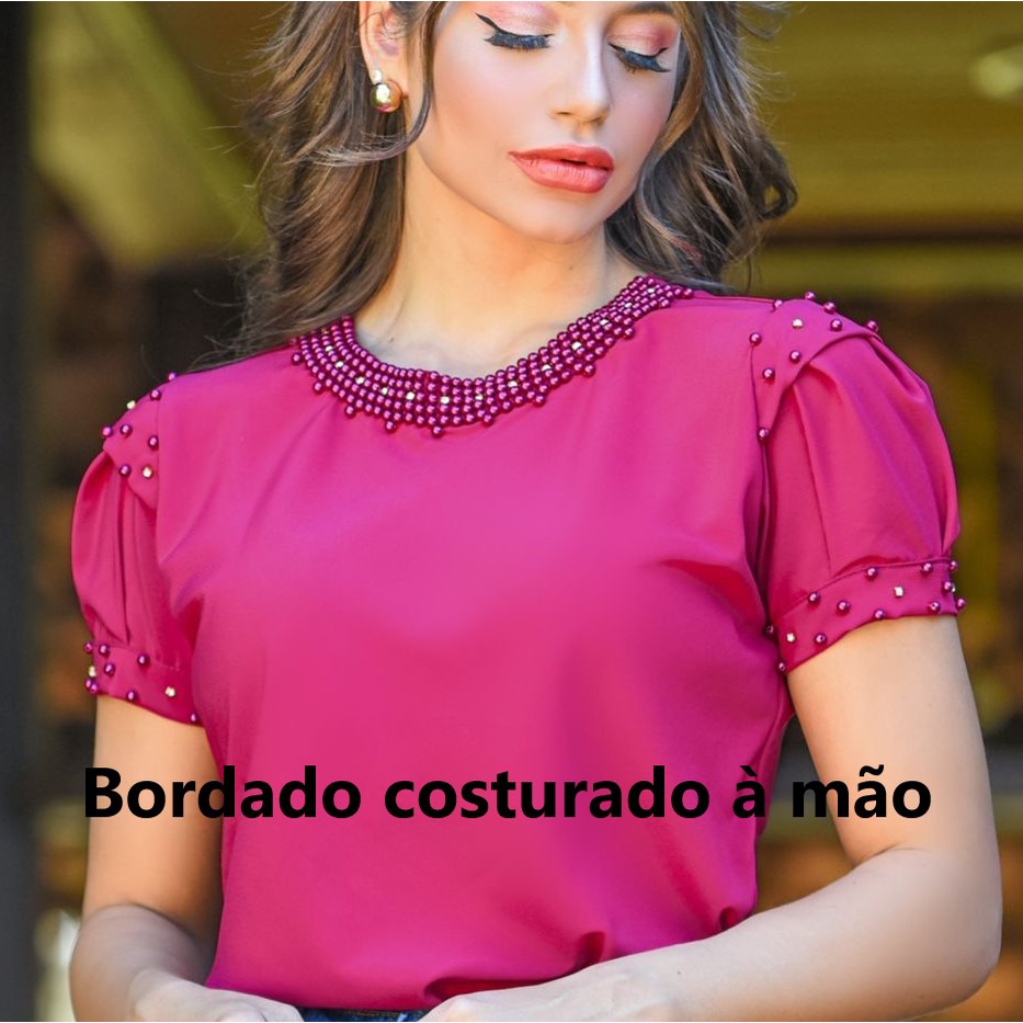 Blusa Cristina Feminina Luxo Bordada com Strass e pérolas Manga Princesa Social Moda Evangelica em Oferta na Shopee