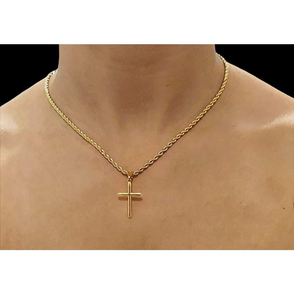 Colar Cordão Baiano Feminino Dourado Com Pingente Cruz