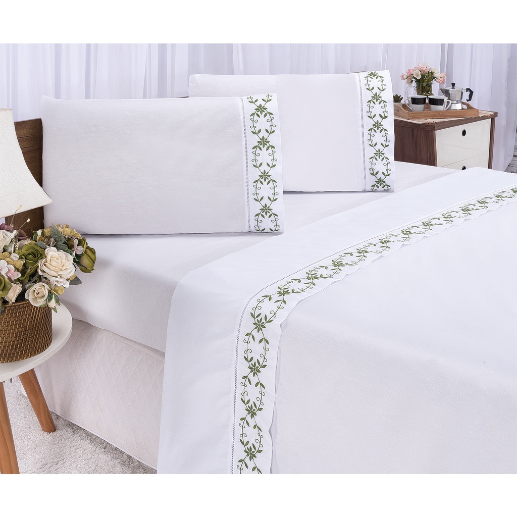 Jogo De Lençol Casal Cama Queen 4 peças Bordado Algodão 400 Fios