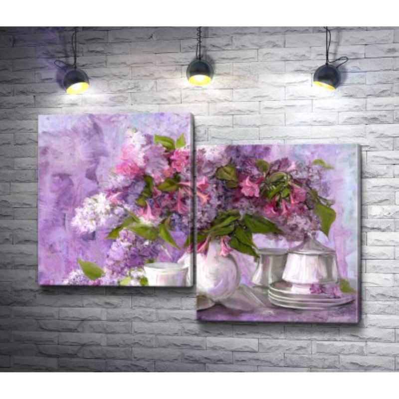 Quadros Decorativos vaso de flores lilas aparência de óleo sobre tela Decoração De Quarto e Sala Kit 2pcs 50x30 #101