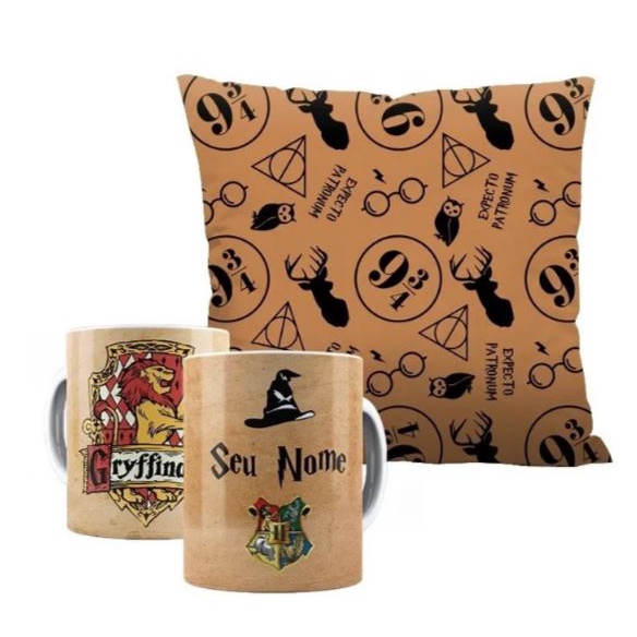 Kit Almofada e Caneca Personalizada Com seu Nome Harry Potter Presente 30x30cm