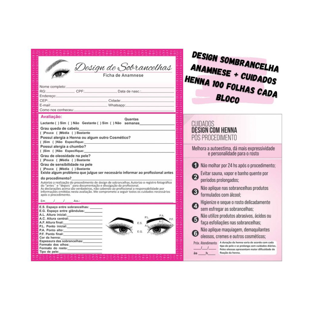 Kit Ficha Anamnese Design Sobrancelha + Cuidados Henna 100 Folhas cada