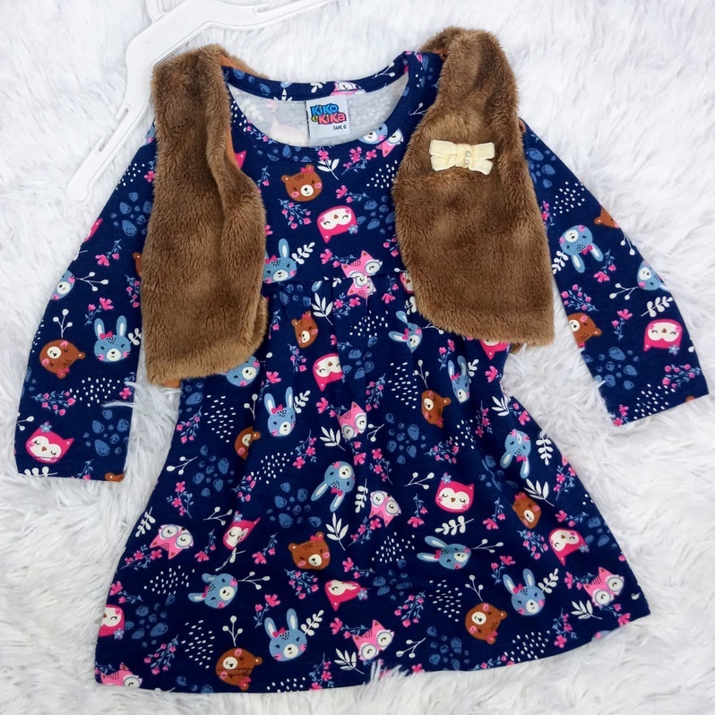 Vestido Manga Longa + Colete Felpudo Conjunto Feminino Infantil P M G Kiko E Kika REF. 8049