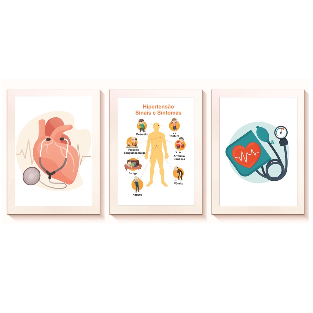 Kit 3 Quadros Decorativos Hipertensão Arterial Cardiologia Medicina Enfermagem  Consultório Moldura 20x30cm Madeira