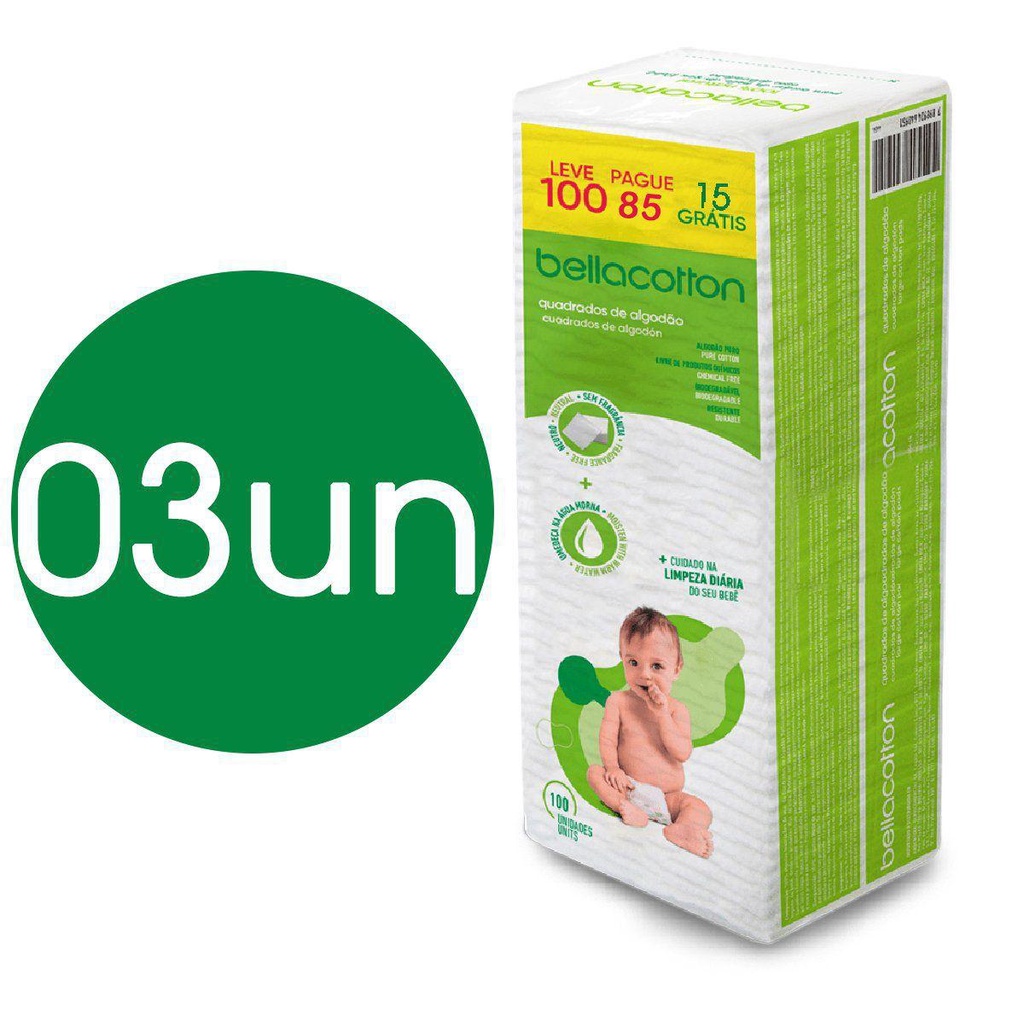 Kit 3 Algodão Quadrado Bellacotton Bebê 100 unid - Envio Imediato!