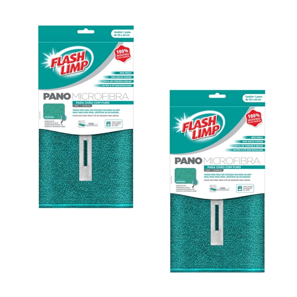 Kit com 2 Pano Microfibra de Chão C/ Furo para Rodo ou Mop 50x60 Flash Limp FLP6735