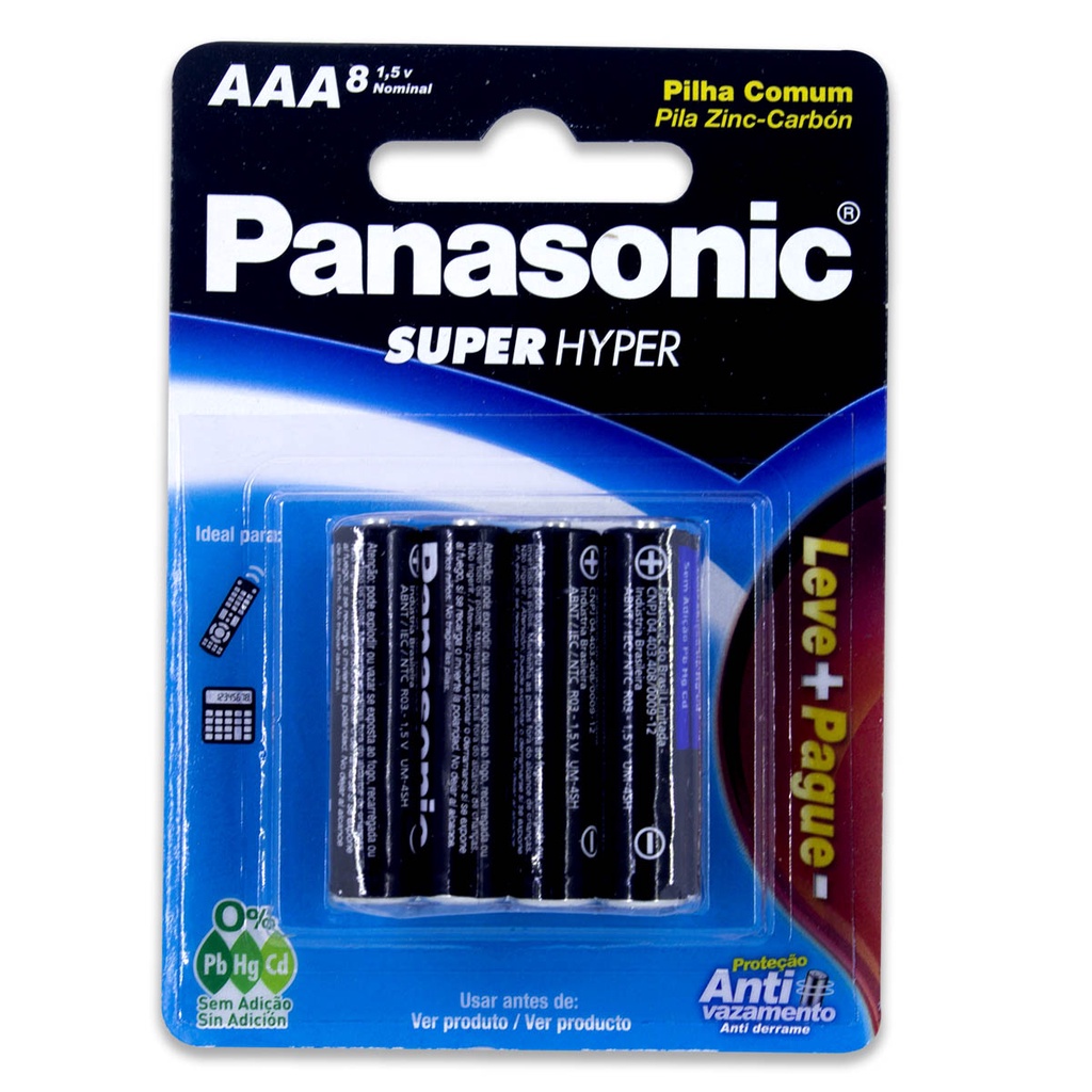 Pilha Zinco AAA Panasonic Bateria Carvão 3A Palito 8 unidades