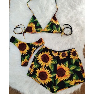 Conjunto Girassol Biquíni Estampado Biquíni Asa Delta Com Bojo Biquíni com Short Trio