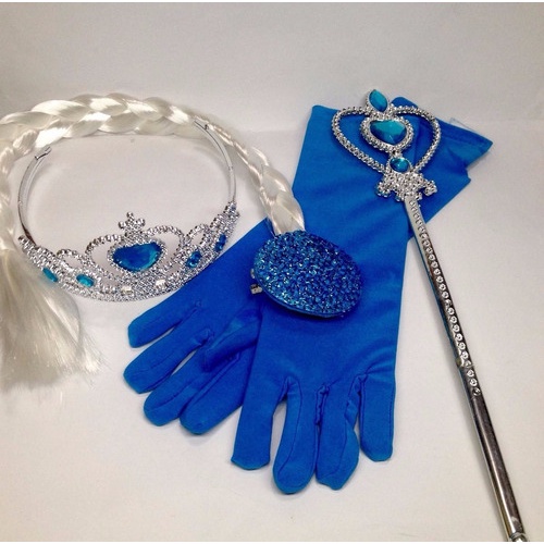 Kit Coroa Varinha Luva Azul E Trança