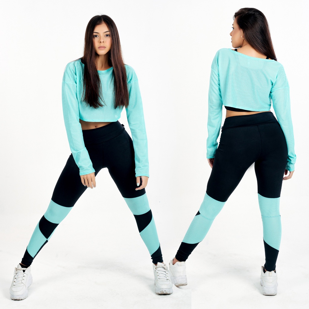 Conjunto Fitness Calça Legging Cintura Alta Cropped Dry Fit Manga Longa Turqueza ZERO Transparência