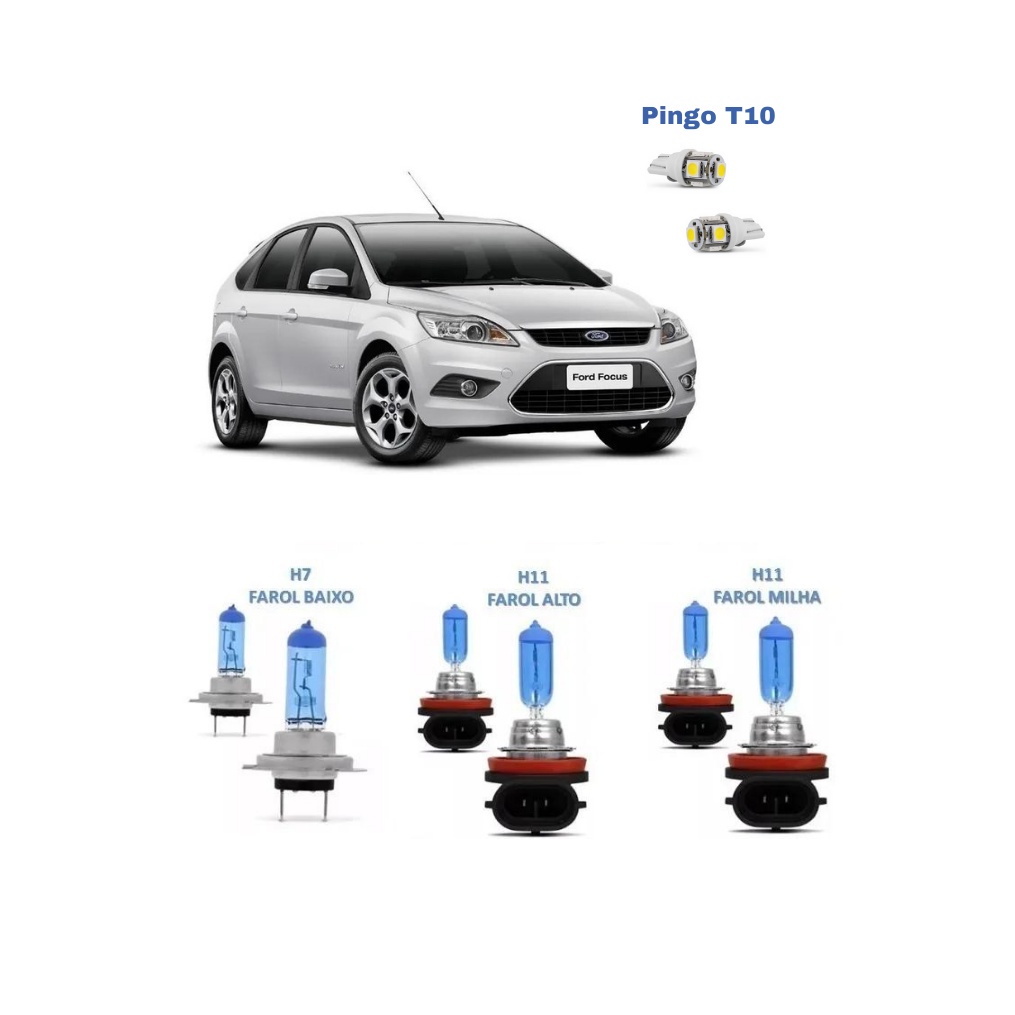 Kit Lâmpadas  Super Branca  Farol Baixo H7 Alto H11 Milhas H11 Ford Focus 2013 2014 2015 2016 2017 2018