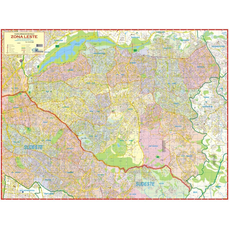 Mapa Planisférico Geográfico Político Gigante da ZONA LESTE da Cidade de São Paulo - Dobrado 120x90