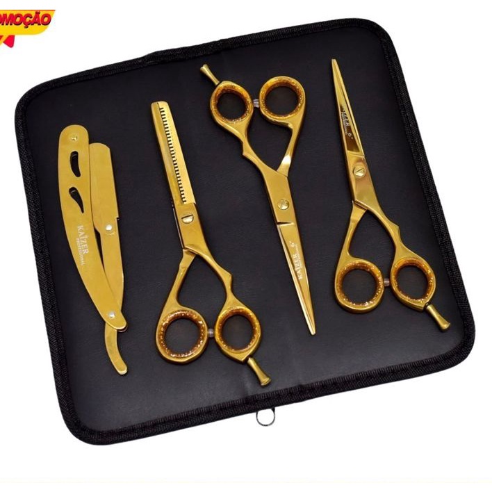 Kit 3 Tesouras DOURADO Profissionais Cabeleireiro Barbeiro + Navalha + 2 pentes