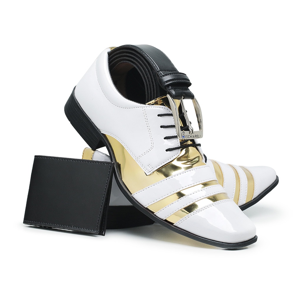 Kit Sapato Social Italiano 840 Branco Dourado Com Cinto E Carteira Masculino Conforto Verniz Brilho