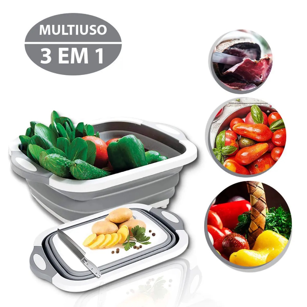 Tábua 3x1 Silicone Retrátil Bacia Escorredor Corte Multiuso