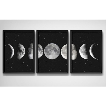 Quadros Decorativo 3 peças Todas as Fases da Lua Preto e Branco Sala Quarto