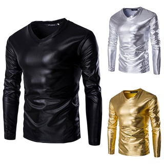 🔥Quente🔥 Estiloso Homens Couro Brilhante Boate Performance Stage Manga Longa Camiseta