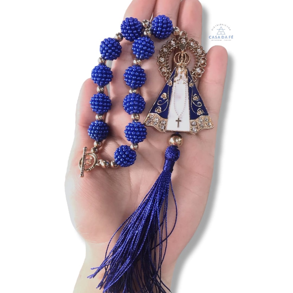 Adorno Dezena Perola Amora No Cordão Medalha De Nossa Senhora Aparecida Resplendor Cor Azul