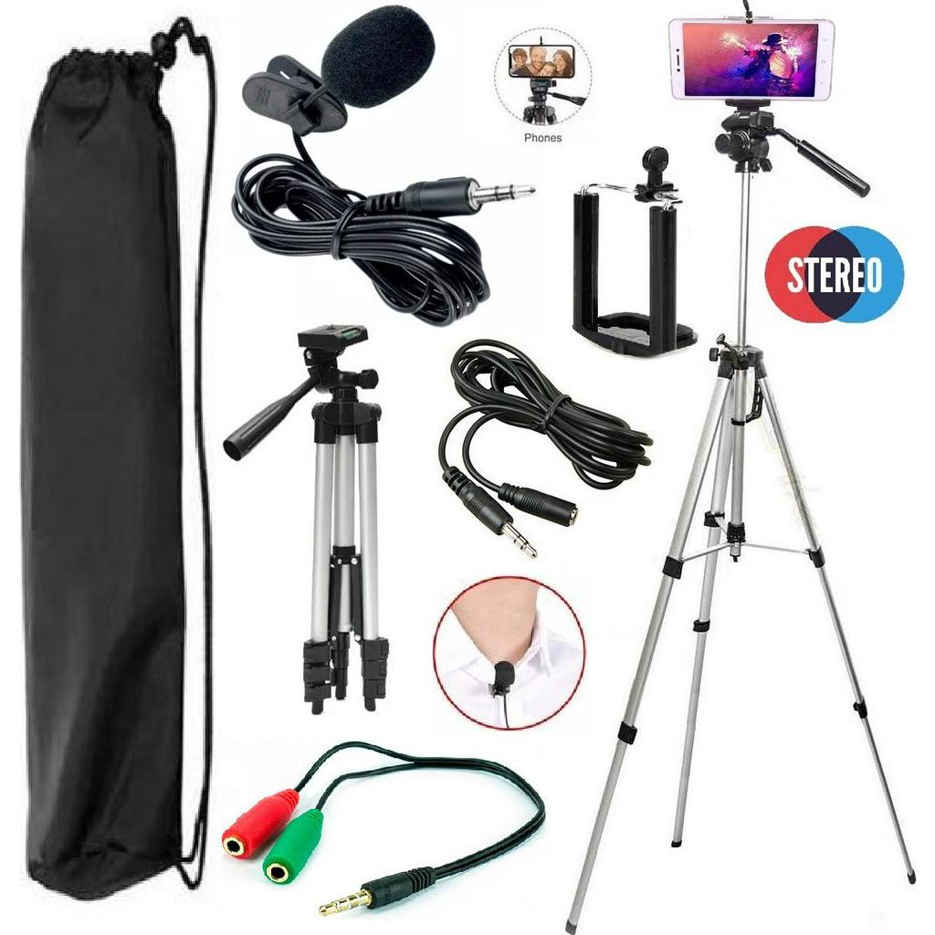 Kit Youtuber Microfone de Lapela + Extensão Tripé Profissional Para Câmera Celular Smartphone Iphone Android Universal