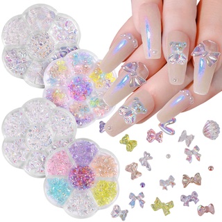 Monja 7 Grades/Caixa Mista Tamanho Aurora Urso Bowknot Acessórios Da Arte Do Prego Resina Estéreo FlatBack 3D Moda Fingernail Decoração DIY
