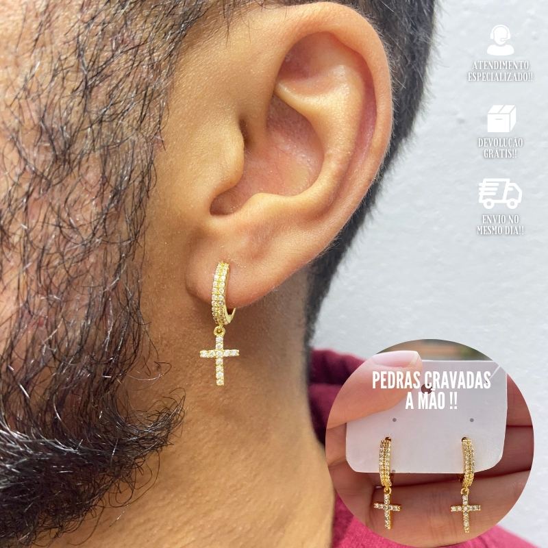 Brinco Masculino de Ouro 24k Brinco Cravejado com Crucifixo Banhado a Ouro em Oferta na Shopee