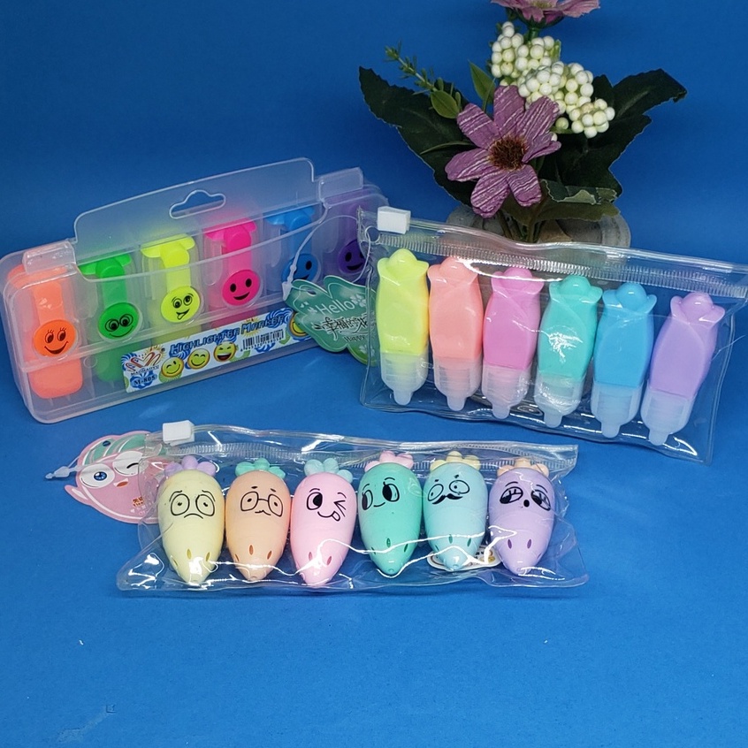 Kit 6 Mini Marca Texto Fofos Cenoura -Tulipa Flor - Carinhas Emoji-Pêra