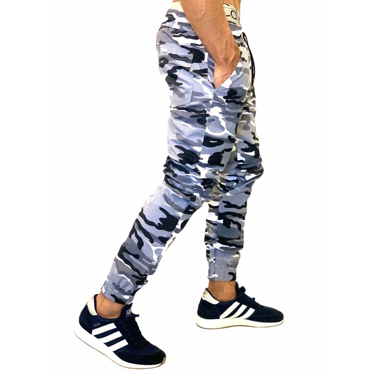 Calça Jogger Masculina Camuflada Cinza e Branca Militar Estilo Swag