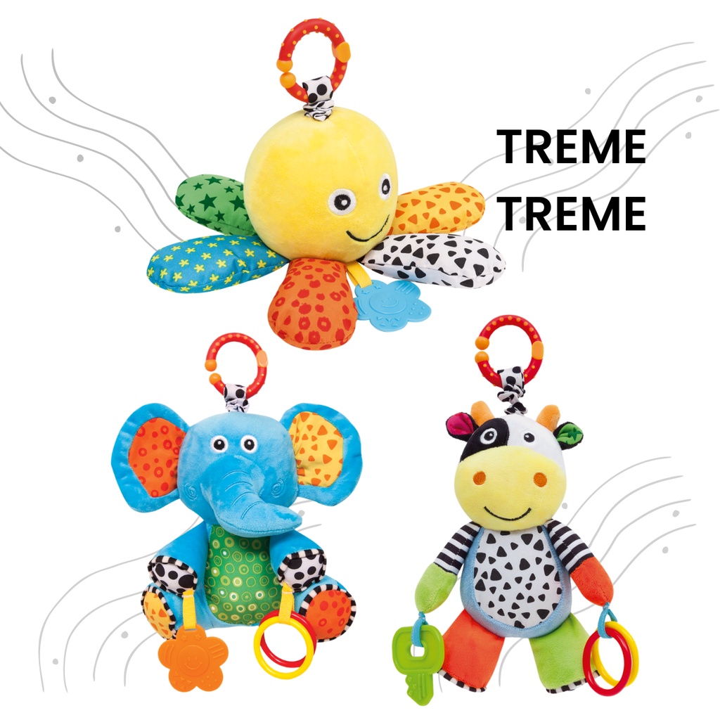 Brinquedo de Atividades Pelúcia Bebê Barulhinhos Desenvolvimento Infantil Vaquinha Elefantinho Polvinho Treme Treme Mordedor Chocalho Buzina