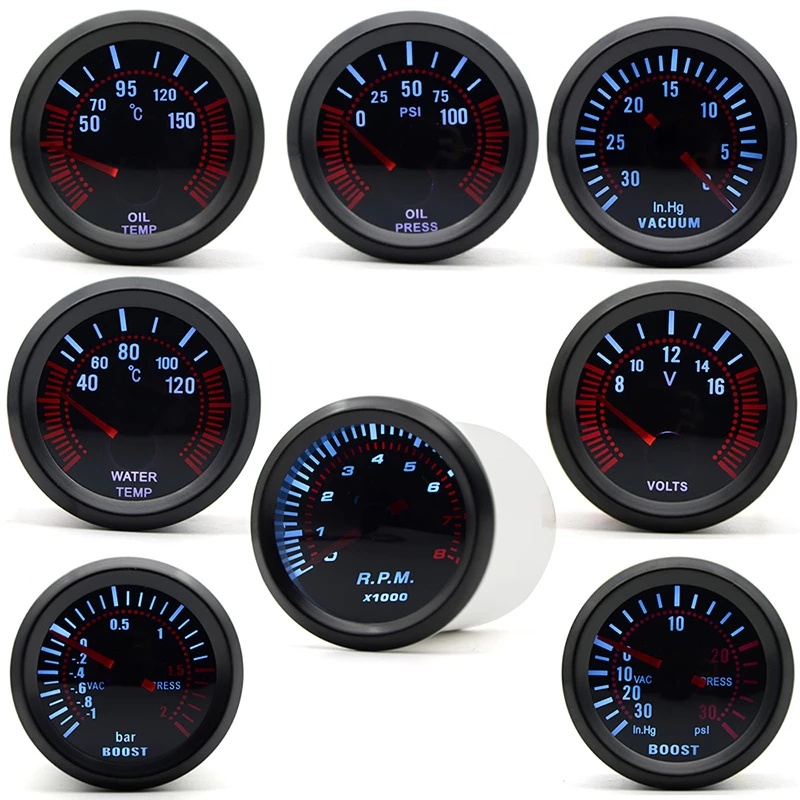 2 " 52mm Fumaça Lente Boost Gage bar psi/Vácuo/Temperatura Da Água Do Óleo/Pressão De Voltímetro/Tacômetro RPM Carro Caliber
