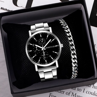 【 Relógio + bracelet 】 Men Casual De Quartzo Com Bracelete De Aço Inoxidável tangan lelaki