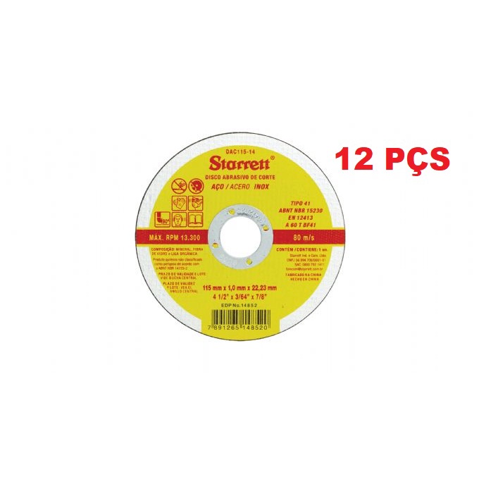 Kit 12 Disco De Corte Fino Starrett Inox 4.1/2" Esmerilhadeira