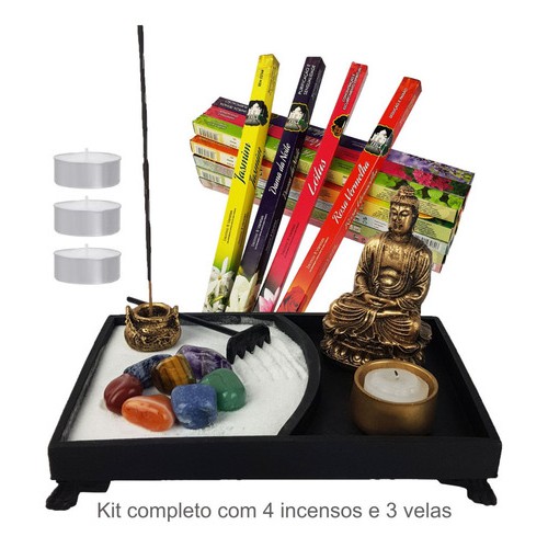 Imagem Jardim Zen Buda Hindu Incensário C/ 4 Incensos E 3 Velas