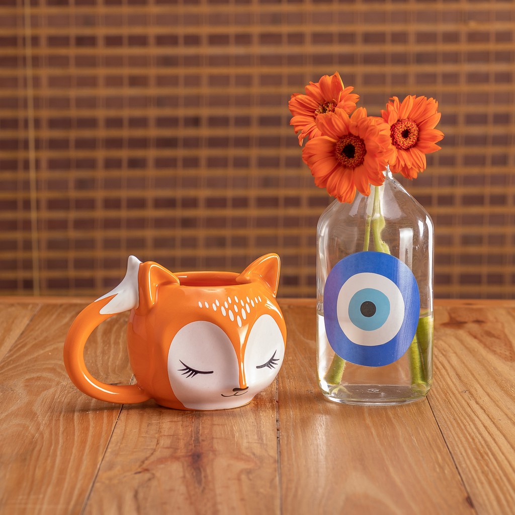 Caneca Raposa Fofa 300 ML Cerâmica Enfeite Decoração Presente Colecionável Temática