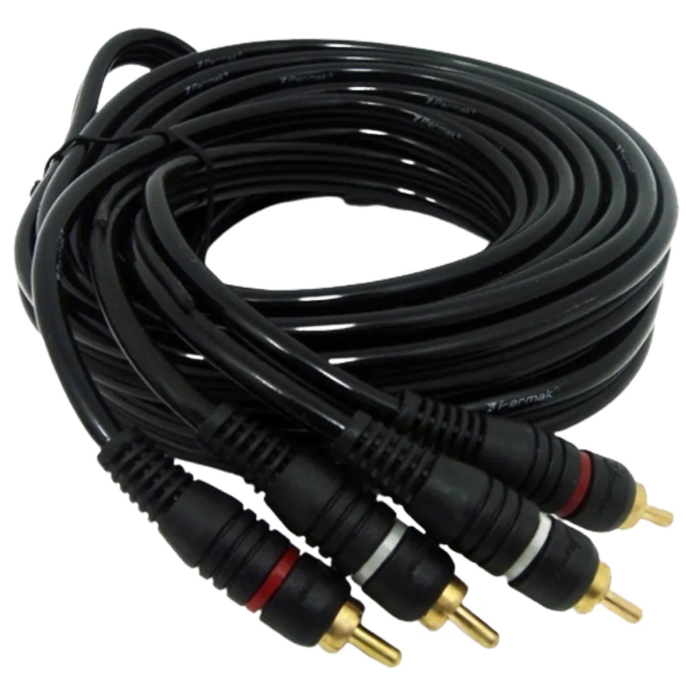 Cabo Rca 5 Metros Emborrachado Permak Preto Reforçado Som Automotivo Carro 5m Conector Banhado