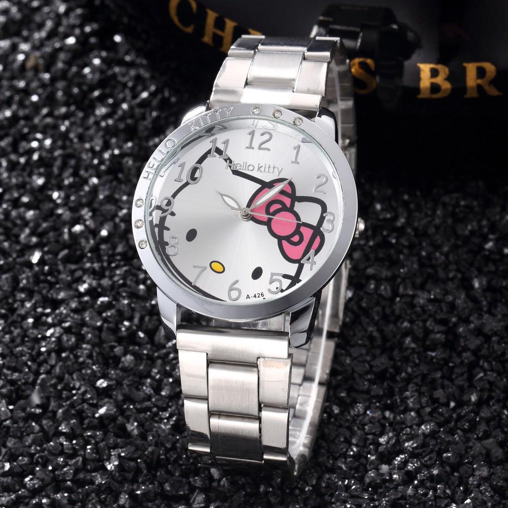 Relógio de Pulso de Quartzo Mostrador Hello Kitty com Pulseira de Aço Inoxidável Feminino Casual Luxuoso
