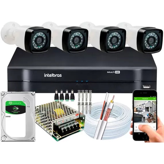 Kit Cftv 4 Cameras Segurana 1080p Full Hd Dvr Intelbras 500GB Escorrega o Preço