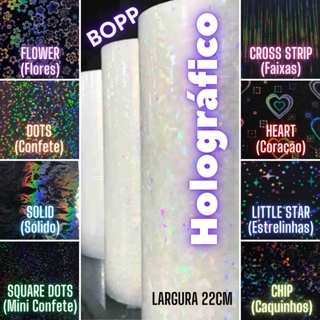 Bobina BOPP HOLOGRÁFICO (Largura 22cm) Chip Caquinhos Dots Confete Flores Coração Estrelinha Solid 22x20 22x50 22x100 para Laminação Encadernação Capa Caderno Agenda Planner etc Holografico 28 Micras Boop em Oferta na Shopee