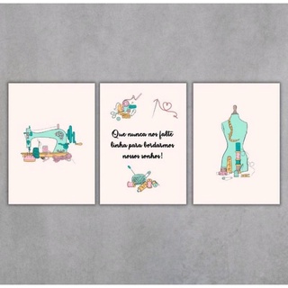 Conjunto de Placas Decorativas Frases Costura 3 Peças P 5.5