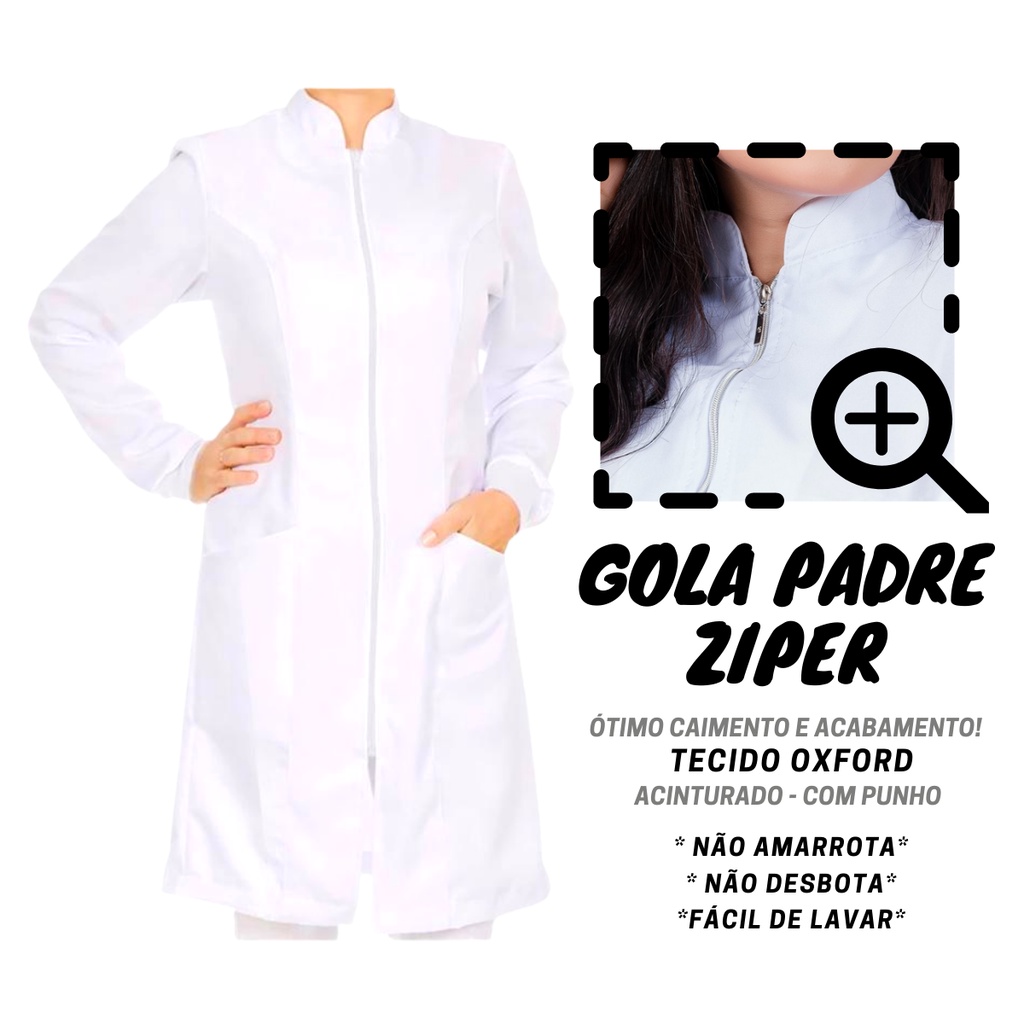 Jaleco Feminino Acinturado GOLA PADRE ZIPER Oxford Branco Preto Rosa ...