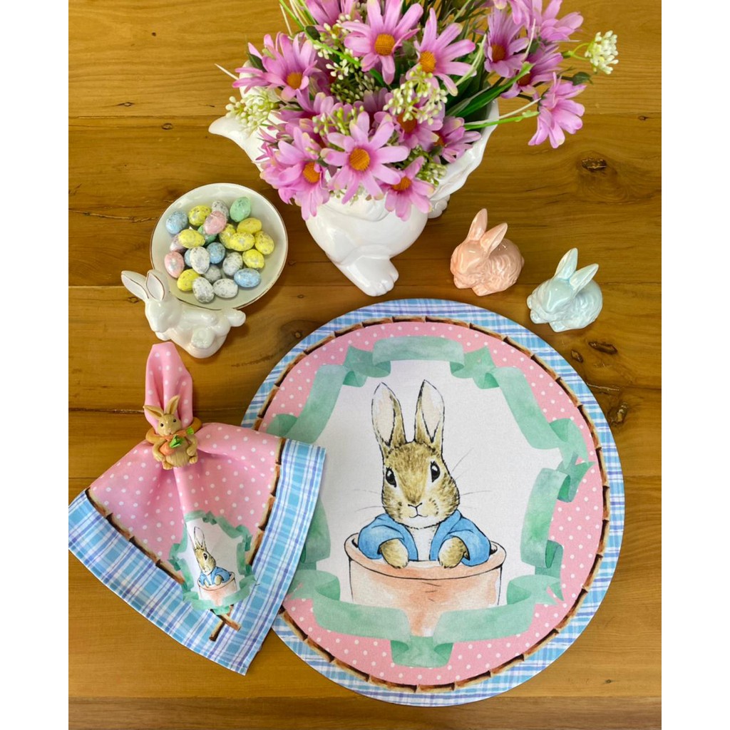 Kit Páscoa 6 Capas + 6 Guardanapos + 1 Trilho + 6 Bases Sousplat MDF Decoração Mesa Posta