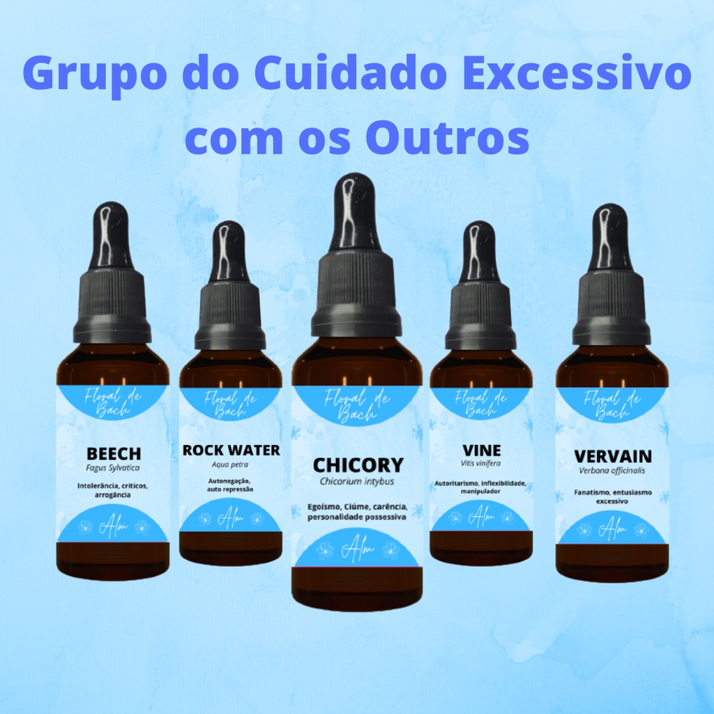 Floral de Bach - Grupo do Cuidado Excessivo com os Outros: Beech, Chicory, Rock Water, Vervain, Vine - O seu Floral de Verdade - ALM Florais