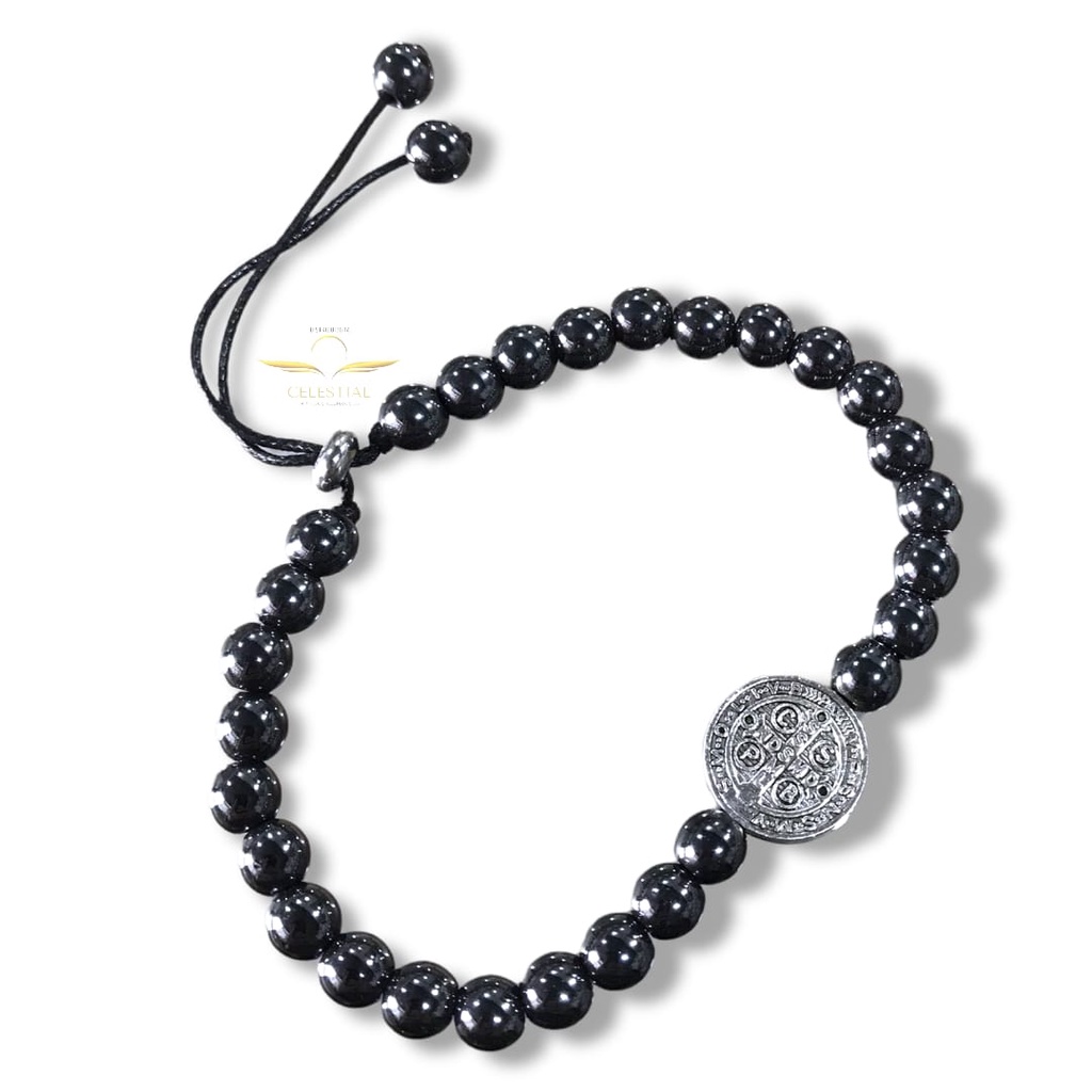 Pulseira Regulável Hematita Medalha Em Metal São Bento Promoção em Oferta na Shopee