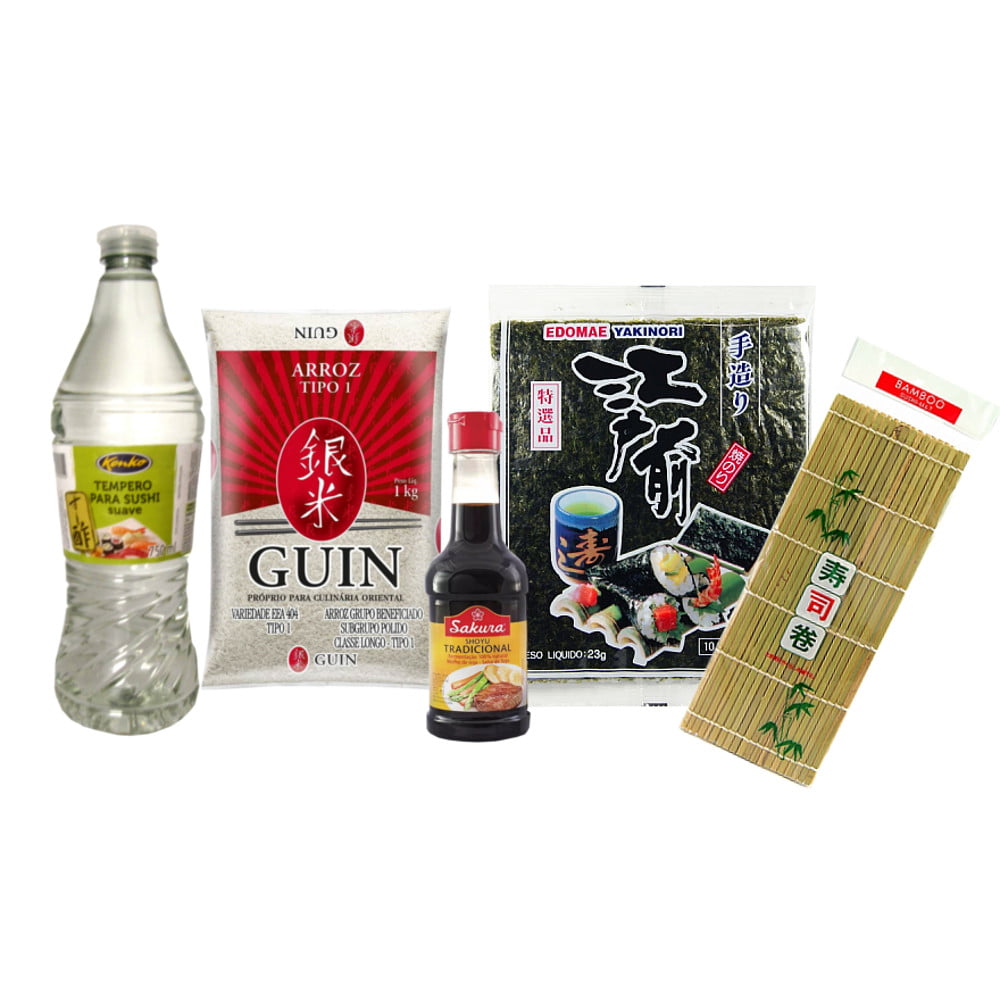 Kit Oriental para Preparo do Sushi - Esteira, Alga, Arroz, Shoyu e Tempero