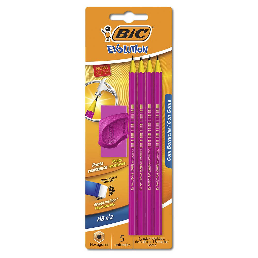 Kit de Lápis Preto BIC Evolution Colors, Corpo Rosa Hexagonal, HB, 4 Unidades de Lápis + 1 Borracha -  PONTA RESISTENTE em Oferta na Shopee