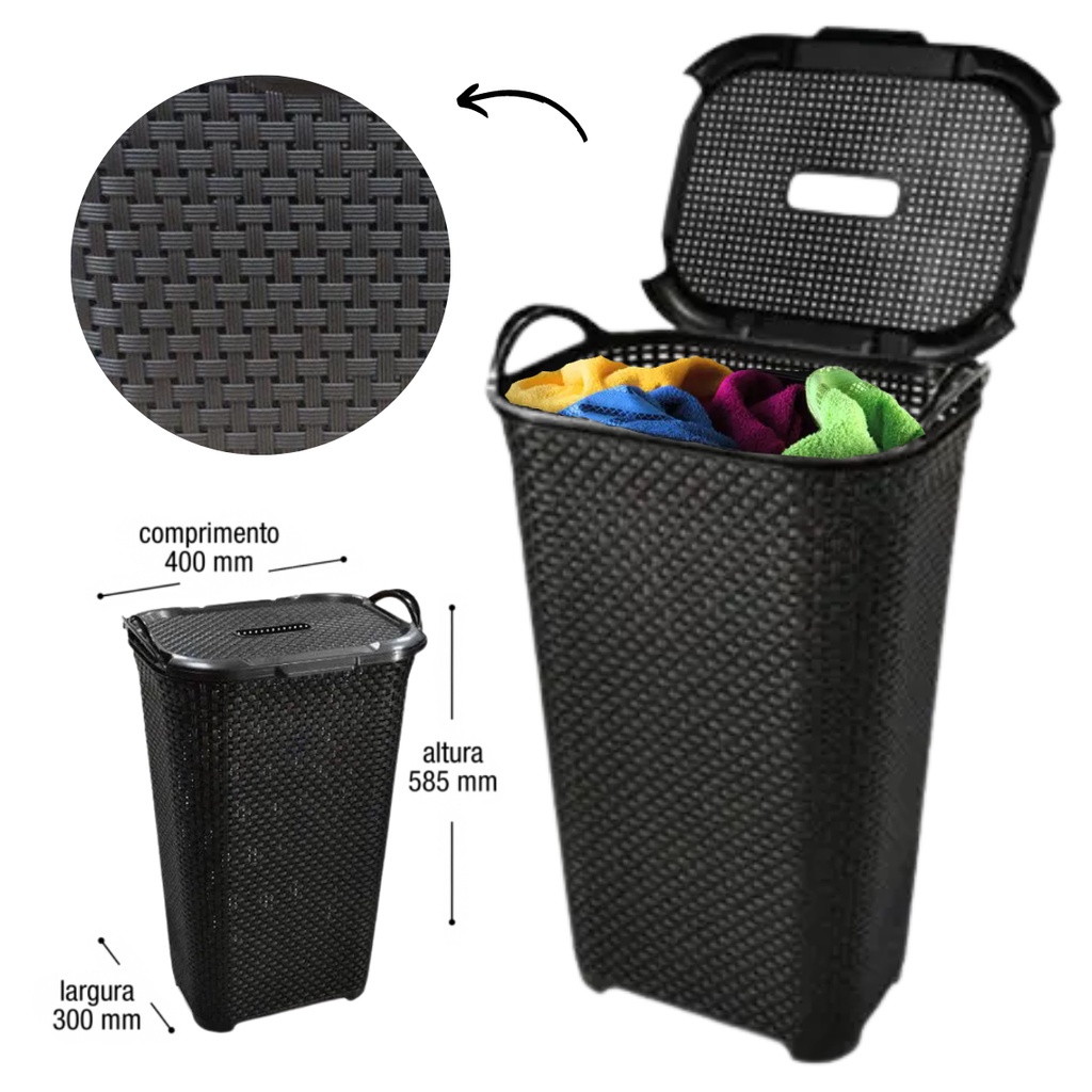 Cesto de Roupa Preto Rattan Com Tampa Basculante e Alça | Shopee Brasil