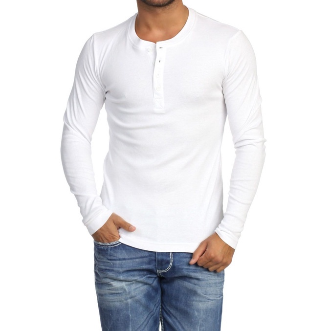 Camiseta HENLEY Classic Slim Fit Manga Longa Gola Redonda BRANCA