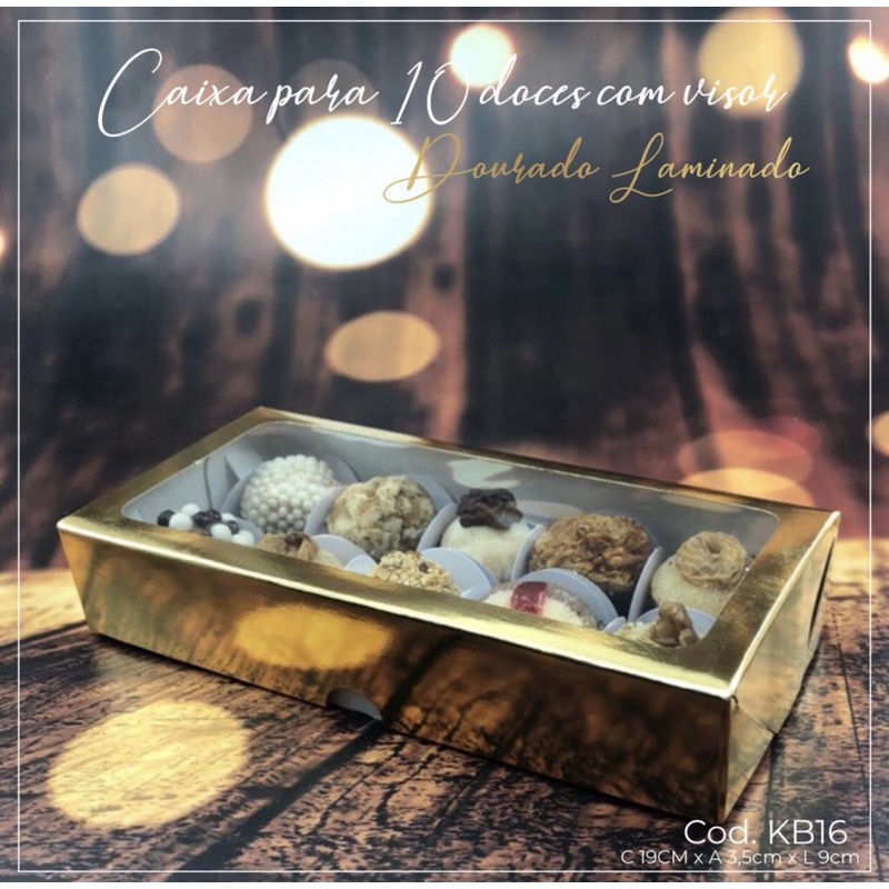 10 Caixas para 10 Doces com visor de natal Dourado Laminado Metalizado  19 x 9 x 3,5 - KB16 - Home & Living