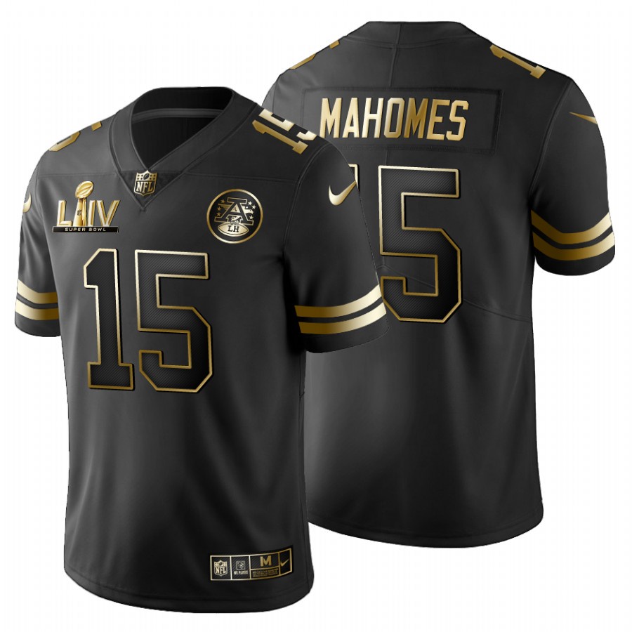 Camisa NFL Kansas City Chiefs Patrick Mahomes # 15 Preto Super Bowl LIV Golden Edition Jersey